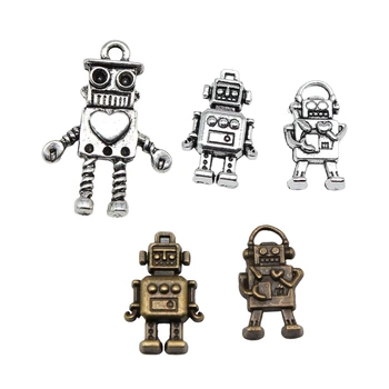 10 adet Robot Charms Tibet Bronz Gümüş Renk Kolye Antik Takı Yapımı DIY El Yapımı Zanaat