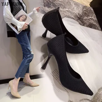 2022 yeni Kore vahşi siyah sığ ağız sivri yüksek topuklu moda rahat örme nefes rahat kadın iş ayakkabısı
