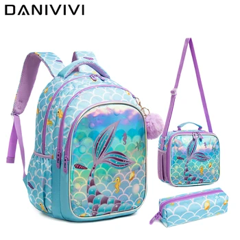 3 adet okul sırt çantaları Gençler Kızlar için Okul Çantaları Kızlar için çanta seti Sırt Çantası Kadın Okul Çantaları Mermaid çizimli çanta Çocuklar