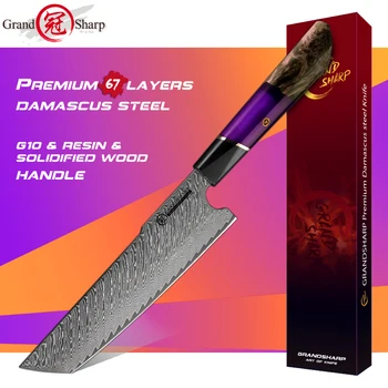Grandsharp 7 İnç Yüksek Karbonlu Nakiri Bıçak Mutfak Bıçakları Japon Şam AUS-10 Çelik Jilet Keskin Sebze Et Cleaver