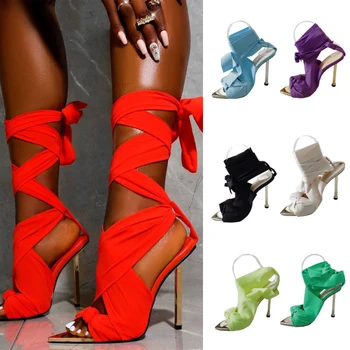 Kadın Gladyatör Sandalet 2022 Lace Up Seksi Yüksek Topuklu Moda Ayak Bileği Wrap kadın ayakkabısı Olgun Bayanlar Parti Stiletto плать