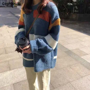 Kazaklar Kadınlar Örme Çizgili Popüler Harajuku Streetwear Konfor Rahat Moda Kadın Tüm Maç Şık Kore Tarzı Kazak