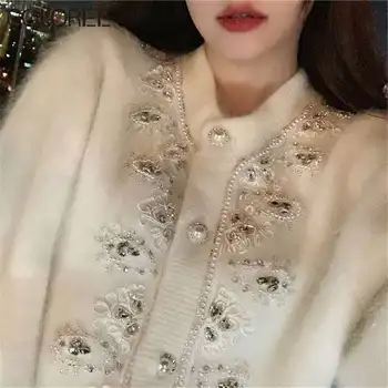 Kore Moda Sonbahar Kış Giysileri Lüks Kristal Boncuk Kalın Kazak Kadınlar 2022 Beyaz Vizon Kaşmir Örme Hırka