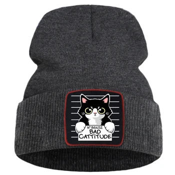 Kötü Cattitude Kedi Karikatür Baskı Kadın Kış örgü şapkalar Açık Rahat Unisex Sonbahar Şapka Sıcak Moda Punk Bere Çocuk İçin