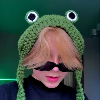 Kış Kadın Sevimli Yeşil Kurbağa Şapka Tığ Örme Şapka Kostüm Bere Şapka Kap Kadın Hediye hip-hop şapka Fotoğraf Prop Parti