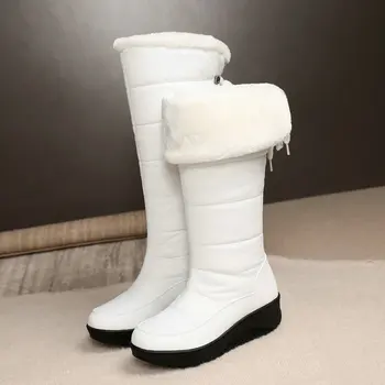 Kış Sıcak Aşağı Su Geçirmez Kumaş Kürk Peluş Astarlı Bayan Kar Botları Platformu Flats Artı Boyutu 44 Diz Yüksek Çizmeler Beyaz Siyah ayakkabı