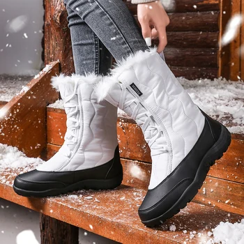 Kışlık botlar Kadın Sıcak Kar Botları Orta Buzağı Su Geçirmez pamuklu ayakkabılar Kadın Sıcak Faux Kürk astarlı yürüyüş Botları Zapatillas Hombre