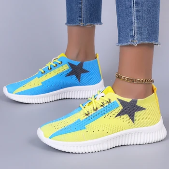 Lucyever Moda Karışık Renk Kadın Flats Ayakkabı 2022 Nefes Platformu Sneakers Kadın Kalın Satılan Örgü vulkanize ayakkabı Kadın