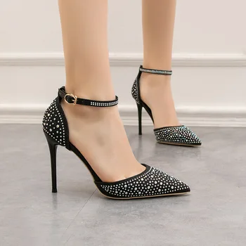 MHYONS Zarif Kristal Sivri Burun düğün ayakkabısı kadın Pompaları Katı Akın Moda Toka Sığ Yüksek Topuklu Ayakkabı Kadınlar için