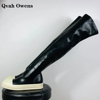 Qvah Owens Kadınlar Diz Üzerinde Yüksek Çizmeler PU Deri Lüks Eğitmenler sneaker Yüksek TOP Bahar Sonbahar Flats siyah ayakkabı
