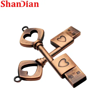 SHANDIAN Metal Aşk Kalp Anahtar USB2. 0 Flash Sürücü 4GB 8GB 16GB 32GB 64GB küçük sürücüler Bellek Sopa Moda Hediye Gerçek Boşluk