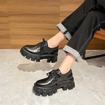 Siyah Hakiki Deri Lace Up loafer ayakkabılar İngiliz Tarzı Kadınlar İçin Bahar Sonbahar Yuvarlak Ayak Tıknaz Alt Rahat serseri ayakkabı