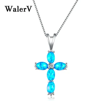 WalerV Vintage Mavi Yangın İmitasyon Opal Çapraz Kolye Kolye Kadınlar Için Yüksek Kalite Ayar İnanç Hıristiyan Hediye