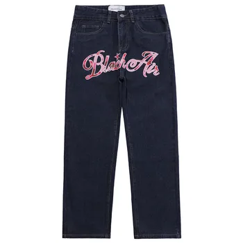 Y2k Erkek Kot Avrupa Amerikan Yama Mektup İşlemeli dökümlü pantolon Kadın Streetwear Boy Düz Bacak Gevşek Pantolon