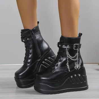 Yeni bayan Botları Punk Sokak Moda Siyah Gotik Tarzı Kız Cosplay Platformu Yüksek Topuklu Takozlar Ayakkabı Büyük Boy yarım çizmeler