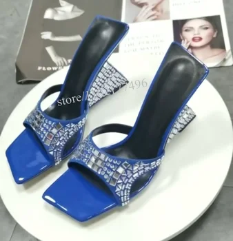 Zarif Kadın Seksi Bling Kristal Sandalet Sığ Üçgen Hollow Topuk Kare Ayak Oyma Terlik Marka Tasarım Yüksek Topuklu Elbise