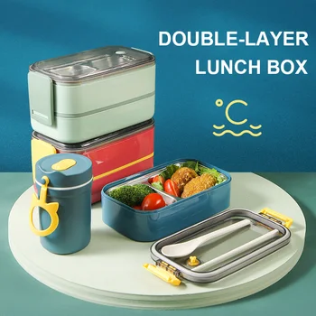 Çift katmanlı yemek kabı çocuklar için japon tarzı paslanmaz çelik bento kutusu çorba bardağı plastik gıda saklama kapları aperatif kutusu