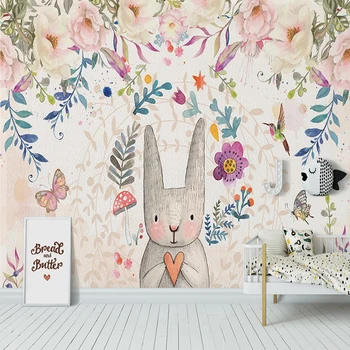 Özel 3D Duvar Kağıdı Karikatür Tavşan Çiçekler duvar tablosu çocuk Yatak Odası Arka Plan duvar Dekoru Papel De Parede Infantil