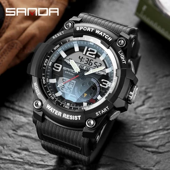 SANDA yeni elektronik saat spor erkekler moda LED özgünlük saatler Lüks Askeri quartz saat Su Geçirmez Kol Saati